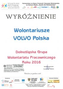 Tytuł Dolnośląskiej Grupy Wolontariatu Pracowniczego Roku 2016 dla Volvo Polska